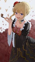  1girl absurdres beatrice_(umineko) black_dress blonde_hair blue_eyes blunt_bangs breasts choker cleavage commentary_request cowboy_shot dress flower framed_breasts frilled_choker frilled_sleeves frills goback hair_flower hair_ornament hand_up highres holding holding_smoking_pipe long_sleeves looking_at_viewer medium_breasts open_mouth red_flower red_rose rose short_hair sidelocks smile smoking_pipe solo umineko_no_naku_koro_ni wide_sleeves 