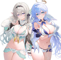  2girls aqua_eyes arm_under_breasts bare_shoulders black_hairband blue_hair blush breasts cameltoe cleavage closed_mouth cowboy_shot earrings elbow_gloves firefly_(honkai:_star_rail) gloves grey_hair hairband halo hand_in_own_hair head_wings highres honkai:_star_rail honkai_(series) jewelry large_breasts long_hair long_sleeves machi_(7769) multiple_girls navel off_shoulder purple_eyes robin_(honkai:_star_rail) simple_background smile thighs white_background white_gloves wings 