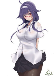  1girl absurdres ahoge alternate_costume artist_logo bespectacled black_pantyhose black_skirt breasts collared_shirt cowboy_shot dress_shirt glasses hair_flaps hairband highres kantai_collection lanthan large_breasts looking_at_viewer low_twintails pantyhose pleated_skirt purple_hair red_eyes shirt simple_background skirt solo standing taigei_(kancolle) twintails white_background white_hairband white_shirt 