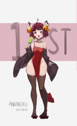  1girl absurdres ahoge alternate_costume animal_ears ankangyu artist_name bell black_sleeves blush breasts brown_footwear brown_hair brown_thighhighs cat_ears cat_girl commentary_request covered_navel dated detached_sleeves dress food full_body geta hair_bell hair_ornament highres holding holding_food holding_popsicle ichihime jingle_bell looking_at_viewer mahjong_soul medium_bangs open_mouth paw_print pelvic_curtain popsicle red_dress red_eyes short_hair sleeveless sleeveless_dress small_breasts solo standing strap_slip teeth thighhighs upper_teeth_only white_background wide_hips 