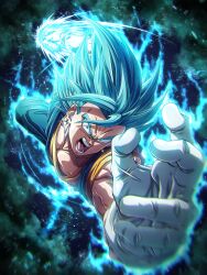  1boy absurdres commentary_request dragon_ball dragon_ball_super earrings fusion gloves highres incoming_attack incoming_punch jewelry mocky_art muscular muscular_male open_mouth pectorals potara_earrings punching solo super_saiyan super_saiyan_blue vegetto white_gloves 