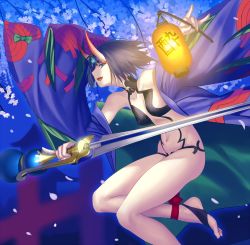 1girl :d ankle_ribbon bare_shoulders barefoot barefoot_sandals_(jewelry) black_hair breasts collarbone fate/grand_order fate_(series) feet flower from_side gem glint hair_ornament holding holding_sword holding_weapon horns japanese_clothes jewelry kimono lantern leg_ribbon lens_flare looking_at_viewer navel night off_shoulder oni open_clothes open_kimono open_mouth paper_lantern petals pinky_out profile purple_eyes purple_hair revealing_clothes revision ribbon short_hair shuten_douji_(fate) shuten_douji_(first_ascension)_(fate) sideways_mouth skin-covered_horns small_breasts smile solo stomach sword toeless_legwear toes tsukikanade weapon