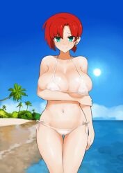  1girl bare_shoulders beach bikini blue_sky boudica_(fate) breasts cleavage collarbone covered_erect_nipples earrings fate/grand_order fate_(series) green_eyes highres jewelry kunabishi large_breasts looking_at_viewer navel palm_tree red_hair shore short_hair short_ponytail sky smile solo swimsuit thighs tree white_bikini  rating:Questionable score:9 user:danbooru