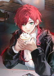  1boy absurdres black_jacket cellphone chair collared_shirt commentary cup ear_piercing earrings green_eyes hands_up highres holding holding_cup jacket jewelry lauren_iroas light_blush long_hair long_sleeves looking_at_viewer male_focus moko_(moko/moko) mug nijisanji open_mouth phone piercing red_hair ring shirt smartphone smile solo table upper_body virtual_youtuber white_shirt 
