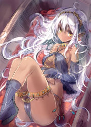 1girl ahoge arabian_clothes bdsm black_gloves bondage bound box cameltoe chain chained chain collar crying dark_elf dark_skin dark-skinned_female ear_piercing ear_tag earrings elbow_gloves elf fingerless_gloves gloves hand_on_own_stomach hands_on_stomach highres in_box in_container jewelry legband long_hair looking_at_viewer lying on_back original pendant piercing pointy_ears revealing_clothes silver_hair slave solo tears tiara ukyo_rst very_long_hair yellow_eyes rating:Questionable score:112 user:danbooru
