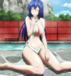1girl :o bare_shoulders barefoot bench bikini blue_hair blush breasts brown_eyes cleavage cloud collarbone female_focus fence finger_to_mouth fingernails hair_between_eyes hair_intakes hand_on_thigh head_tilt highres hip_focus jewelry large_breasts legs long_fingernails long_hair looking_at_viewer maken-ki! navel nijou_aki o-ring o-ring_bikini o-ring_bottom on_ground onsen open_mouth outdoors pendant rock screencap shadow shiny_skin sitting sky slingshot_swimsuit solo steam stitched sweat swimsuit takami_akio thighs third-party_edit tree water rating:Questionable score:48 user:vincaddo