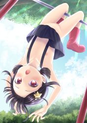  1girl armpits arms_up bad_id bad_pixiv_id black_hair black_skirt boots cleft_of_venus clothes_lift cloud commission flat_chest forehead hair_ornament hairclip hanging horizontal_bar komekko kono_subarashii_sekai_ni_shukufuku_wo! legs loli low_twintails miniskirt naked_skirt nipples no_panties no_shirt open_mouth outdoors pixiv_commission pussy red_eyes red_footwear rubber_boots short_hair short_twintails skirt skirt_lift sky solo star_(symbol) star_hair_ornament suspender_skirt suspenders thighs twintails uncensored upside-down xenon_(simlacurm) 