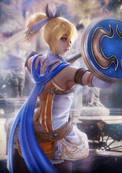  1girl bare_shoulders belt belt_buckle blonde_hair blue_scarf breasts buckle carlos_morilla cassandra_alexandra dress green_eyes hair_ribbon highres mountain multicolored_clothes multicolored_dress pantyhose parted_lips ponytail ribbon scarf shield short_sword smile solo soul_calibur soulcalibur soulcalibur_vi sword weapon 