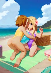  00s 2girls alkemanubis ass ball bare_arms bare_legs barefoot basket beach beachball blonde_hair blue_eyes blue_sky breasts brown_eyes brown_hair cloud covered_navel day feet flower full_body hair_flower hair_ornament highleg highleg_swimsuit highres k-on! kneeling kotobuki_tsumugi long_hair looking_at_another multiple_girls ocean one-piece_swimsuit one_eye_closed on_one_knee open_mouth outdoors plant profile sand shadow short_hair small_breasts soles swimsuit tainaka_ritsu toes towel water  rating:Questionable score:341 user:Domestic_Importer