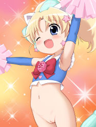 1girl ;d animal_ears arm_up armpits blonde_hair blue_eyes blue_gloves blush bottomless cat_ears cheerleader cleft_of_venus crop_top earrings elbow_gloves fake_animal_ears fang female_focus gloves hair_ornament hair_ribbon hairband hairclip happy highres jewelpet_(series) jewelpet_twinkle jewelry lasto loli long_hair miria_marigold_mackenzie navel one_eye_closed open_mouth outstretched_arm pom_pom_(cheerleading) ponytail pussy ribbon smile solo sparkle star_(symbol) star_earrings star_hair_ornament uncensored wink rating:Explicit score:190 user:sytalidis