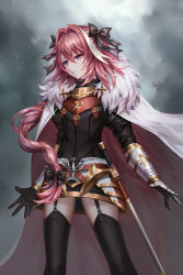  1boy aaeru astolfo_(fate) black_bow black_ribbon black_thighhighs bow cape closed_mouth cloud cloudy_sky commentary_request fate/apocrypha fate_(series) fur_trim garter_belt gauntlets grey_sky hair_bow hair_ribbon highres long_hair looking_away male_focus pink_eyes pink_hair ribbon sky solo standing sword thighhighs trap weapon  rating:Sensitive score:21 user:danbooru