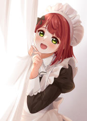 1girl a_chamaru5 absurdres alternate_costume apron black_ribbon blush commentary_request curtain_grab curtains enmaided green_eyes hair_ribbon hands_up highres juliet_sleeves long_sleeves looking_at_viewer love_live! love_live!_nijigasaki_high_school_idol_club maid maid_apron maid_headdress open_mouth puffy_sleeves red_hair ribbon short_hair smile solo uehara_ayumu upper_body 