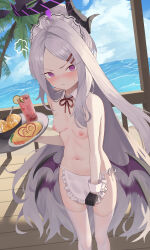  1girl absurdres alternate_costume apron bare_arms bare_shoulders beach black_gloves black_horns blue_archive blush cup day demon_horns demon_wings detached_collar doodle_sensei_(blue_archive) drink drinking_glass enmaided feet_out_of_frame food frilled_apron frills gloves grey_hair halo highres hina_(blue_archive) holding holding_tray horns jixo_(user_nzhc8728) long_hair looking_at_viewer maid maid_apron maid_headdress nipples ocean omelet omurice outdoors palm_tree purple_eyes purple_wings sensei_(blue_archive) solo thighhighs tray tree waist_apron white_apron white_thighhighs wings  rating:Questionable score:14 user:danbooru
