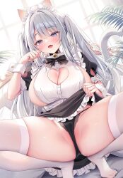  1girl animal_ears black_panties blue_eyes blush breasts cameltoe cleavage cleavage_cutout cleft_of_venus clothing_cutout huge_breasts indoors long_hair looking_at_viewer maid maid_headdress original panties sideboob solo spread_legs tail thick_thighs thighhighs thighs twintails underwear white_hair white_thighhighs wrist_cuffs yatanukikey 