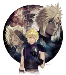  1boy armor artist_name black_gloves blonde_hair blue_eyes blue_sweater burning closed_eyes closed_mouth cloud_strife commentary_request crying empty_eyes evil_smile final_fantasy final_fantasy_vii final_fantasy_vii_rebirth final_fantasy_vii_remake fire gloves hands_on_own_head highres holding looking_at_viewer male_focus materia multiple_views open_mouth ribbed_sweater short_hair shoulder_armor single_bare_shoulder single_empty_eye sleeveless sleeveless_turtleneck smile spiked_hair suspenders sweater teardrop tears tori_(labyrinth_fft) turtleneck turtleneck_sweater upper_body water_tank water_tower windmill 