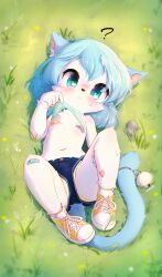  1girl :&lt; ? aas_(aasjpvm) absurdres animal_ear_fluff animal_ears animal_nose aqua_eyes artist_name ass bandaid bandaid_on_knee bandaid_on_leg bandaids_on_nipples bell blue_hair blue_shorts blush body_fur cat_ears cat_girl cat_tail closed_mouth clothes_lift commentary crop_top english_commentary female_focus flat_chest full_body furry furry_female grass green_shirt hair_between_eyes heart_sticker highres huge_filesize jingle_bell knees_up lifting_own_clothes loli looking_at_viewer lying medium_hair navel nose_blush on_back on_grass original outdoors panties pasties rock shirt shirt_lift shoes short_shorts shorts signature sleeveless sleeveless_shirt solo sticker_on_leg tail tail_bell tail_ornament thighs two-tone_footwear underwear white_footwear white_fur yellow_footwear yellow_panties  rating:Questionable score:47 user:danbooru