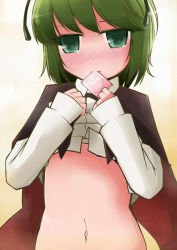  1girl antennae blush cape clothes_lift condom condom_in_mouth female_focus gradient_background green_eyes green_hair matching_hair/eyes mouth_hold nakedgeneral navel shirt_lift short_hair solo touhou wriggle_nightbug 