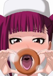  1girl bleach blunt_bangs blush breath brown_eyes dokugamine_riruka doughnut food hat highres kh-fullhouse long_hair looking_at_viewer open_mouth oral_invitation portrait pov purple_eyes purple_hair solo sweat sweatdrop tongue tongue_out twintails uvula  rating:Sensitive score:65 user:opl