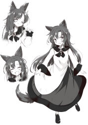  1girl animal_ears blush brooch commentary dress fang greyscale highres imaizumi_kagerou jewelry long_hair long_sleeves looking_at_viewer monochrome multiple_views open_mouth simple_background smile solo tail touhou trembling tsuukinkaisoku_oomiya white_background wide_sleeves wolf_ears wolf_girl wolf_tail  rating:General score:4 user:danbooru