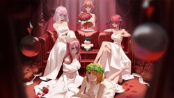 5girls ;) absurdres barefoot black_ribbon blue_eyes bouquet breasts bridal_veil brown_hair butterfly_hair_ornament character_doll commentary_request couch crossed_legs dress elbow_gloves flower gloves go-toubun_no_hanayome hair_ornament hair_ribbon head_wreath highres holding holding_bouquet indoors kan_bu_jian_de_feng large_breasts long_hair looking_at_viewer lying multiple_girls nakano_ichika nakano_itsuki nakano_miku nakano_nino nakano_yotsuba on_couch on_stomach one_eye_closed orange_hair pink_hair quintuplets red_flower red_hair red_rose ribbon rose short_hair sitting smile strapless strapless_dress string string_of_fate uesugi_fuutarou veil wariza wedding_dress white_dress white_gloves 
