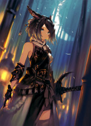  1girl animal_ear_fluff animal_ears armor baldric bamboo bamboo_forest bare_arms bare_shoulders belt black_kimono black_shorts black_sleeves black_thighhighs blue_eyes bow braid breasts cat_ears cat_girl closed_mouth clothing_cutout commentary_request cowboy_shot detached_sleeves eyebrows facial_tattoo final_fantasy final_fantasy_xiv fingerless_gloves flower forest fur-trimmed_kimono fur_trim garuku gloves hair_bow hair_flower hair_ornament highres japanese_clothes kimono lantern medium_breasts medium_hair moon nature night night_sky original pauldrons sheath sheathed short_shorts shorts shoulder_armor shoulder_guard single_braid sky sleeveless sleeveless_kimono slit_pupils solo standing star_tattoo stone_lantern sword tattoo thigh_cutout thighhighs tree warrior_of_light_(ff14) weapon white_bow 