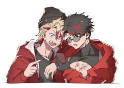  2boys :d :o axel_syrios black_hair black_shirt blonde_hair blue_eyes braid chest_tattoo clothing_cutout collarbone earrings gloves hair_between_eyes highres holding holding_phone holostars holostars_english hood hood_down hooded_jacket jacket jewelry leaning_on_person long_sleeves looking_at_phone male_focus multicolored_hair multiple_boys open_clothes open_jacket open_mouth pectorals phone red_eyes red_hair rpr scarz shirt side_braid skin_tight smile streaked_hair sunglasses tattoo two-tone_hair vam_111 virtual_youtuber white_background 