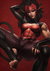  1girl abs absurdres animal_ears blue_sclera breasts brown_hair cat_ears cat_girl cat_tail catra cleavage cleavage_cutout clothing_cutout colored_sclera covered_navel fangs fingerless_gloves fingernails gloves heterochromia highres masters_of_the_universe monori_rogue muscular muscular_female sharp_fingernails sharp_toenails she-ra_and_the_princesses_of_power single_sleeve solo striped_skin tail toeless_legwear toenails yellow_sclera 