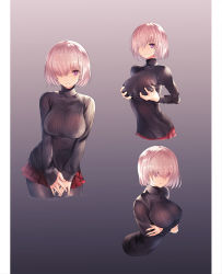 1girl blush grabbing_another&#039;s_breast breasts covered_erect_nipples crossed_arms fate/grand_order fate_(series) grabbing grabbing_own_breast gradient_background hair_over_one_eye large_breasts mash_kyrielight multiple_views pantyhose pleated_skirt purple_eyes red_skirt ribbed_sweater short_hair skirt smile sweater teddy_(khanshin) rating:Questionable score:39 user:danbooru
