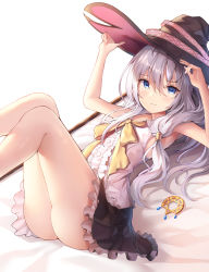 1girl absurdres arms_up ass bare_arms bare_shoulders bed_sheet black_hat black_skirt blue_eyes blush bow center_frills closed_mouth collared_shirt commentary_request elaina_(majo_no_tabitabi) feet_out_of_frame frilled_skirt frills grey_hair hair_between_eyes hand_on_headwear hat highres knees_up long_hair looking_at_viewer lying majo_no_tabitabi on_back pleated_skirt shirt skirt sleeveless sleeveless_shirt sob_(submar1089) solo very_long_hair white_background white_shirt witch_hat yellow_bow rating:Sensitive score:49 user:danbooru