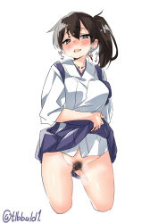 1girl blush breath brown_eyes brown_hair clothes_lift commentary_request cowboy_shot cropped_legs ebifurya female_pubic_hair gluteal_fold groin hair_between_eyes hakama hakama_lift hakama_short_skirt hakama_skirt heart heart-shaped_pupils highres japanese_clothes kaga_(kancolle) kantai_collection lifting_own_clothes looking_at_viewer moderate_pubic_hair no_panties open_mouth pubic_hair pussy_juice side_ponytail simple_background skirt solo symbol-shaped_pupils twitter_username white_background rating:Explicit score:18 user:danbooru