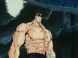 1980s_(style) 2boys abs animated animated_gif hokuto_no_ken kenshiro lowres male_focus manly multiple_boys muscular oldschool retro_artstyle size_difference sunglasses tall topless_male rating:Sensitive score:36 user:Tito-san