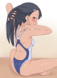  1girl ass back back_focus barefoot black_hair breasts brown_eyes bubukka closed_mouth commentary_request competition_swimsuit dark-skinned_female dark_skin earclip feet female_focus from_behind ijiranaide_nagatoro-san indian_style long_hair looking_at_viewer looking_back medium_breasts nagatoro_hayase one-piece_swimsuit sitting smile soles solo swimsuit toes  rating:Sensitive score:266 user:danbooru