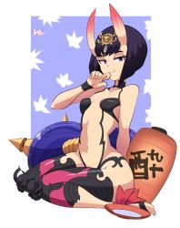  1girl alcohol ankle_ribbon armor bad_id bad_tumblr_id bare_arms barefoot_sandals_(jewelry) bigdead blunt_bangs bob_cut breasts cup fang fate_(series) finger_to_mouth full_body gem gourd hair_ornament halterneck hand_to_own_mouth headpiece highres horns lantern leg_ribbon looking_at_viewer navel off_shoulder oni purple_background purple_eyes purple_hair red_ribbon revealing_clothes ribbon sakazuki sake short_hair shuten_douji_(fate) sitting skin-covered_horns small_breasts smile solo stomach wide_hips wrist_cuffs  rating:Sensitive score:22 user:zidogigant