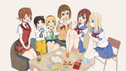  6+girls :o ^_^ absurdres aoiao aqua_eyes ayase_alisa baozi bean_bag_chair black_ribbon blonde_hair blue_eyes blue_sailor_collar blue_skirt blunt_bangs blunt_ends bow bowtie brand_name_imitation breasts brown_cardigan brown_hair cardigan chips_(food) closed_eyes closed_mouth collarbone collared_shirt commentary_request cup dress_shirt drinking_straw drinking_straw_in_mouth food food_in_mouth green_eyes green_shirt green_skirt green_tea grey_background grey_skirt hair_bow hairband heanna_sumire&#039;s_sister highres holding holding_food in-franchise_crossover juice knees_up konoe_haruka kosaka_yukiho long_hair long_skirt long_sleeves love_live! love_live!_nijigasaki_high_school_idol_club love_live!_school_idol_festival love_live!_school_idol_project love_live!_sunshine!! love_live!_superstar!! lower_teeth_only medium_breasts miniskirt mug multiple_girls neck_ribbon neckerchief necktie on_chair open_mouth orange_juice orange_neckerchief orange_skirt pleated_skirt pocky potato_chips purple_eyes red_bow red_bowtie red_eyes red_hairband red_neckerchief red_necktie red_skirt red_vest ribbon sailor_collar saucer school_uniform serafuku shibuya_aria shirt short_hair short_sleeves side_ponytail simple_background sitting skirt small_breasts smile table takoyaki tea teacup teeth tongue trait_connection twintails two-tone_necktie two-tone_skirt vest white_sailor_collar white_shirt white_sleeves yazawa_cocoro yellow_bow yellow_skirt 