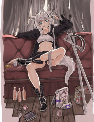  1girl absurdres animal_ears arknights bandeau black_footwear blue_eyes book boots bottle box commentary_request couch fingerless_gloves gloves grey_gloves grin head_tilt highres jo_p lappland_(arknights) long_hair looking_at_viewer midriff navel sitting smile solo stomach strapless sword tail tube_top weapon white_hair wolf_ears wolf_tail 