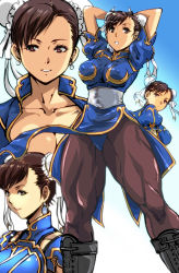  1girl alternate_costume armor arms_up blue_dress bracelet breasts brown_eyes brown_hair brown_pantyhose bun_cover capcom china_dress chinese_clothes chun-li collarbone commentary_request double_bun dress earrings from_behind gold_trim hair_bun jewelry kamisimo_90 lipstick looking_at_viewer makeup medium_breasts multiple_views official_alternate_costume open_clothes open_dress open_mouth pantyhose pelvic_curtain puffy_sleeves red_lips sash short_sleeves simple_background spiked_bracelet spikes standing street_fighter thighs wind wind_lift  rating:Sensitive score:34 user:danbooru