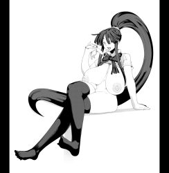  1girl banana bow breasts breasts_out cleavage crossed_legs eiken feet food fruit highres huge_breasts licking long_hair misono_kirika moneo_pop monochrome ponytail ribbon saliva school_uniform sitting skindentation thighhighs toes tongue tongue_out very_long_hair  rating:Questionable score:8 user:usernameding