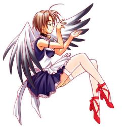 ahoge akamatsu_ken angel angel_wings apron bell breasts brown_hair choker earrings frilled_apron frills jewelry jingle_bell konno_mitsune lace large_breasts love_hina maid maid_apron short_hair solo thighhighs white_thighhighs wings rating:Sensitive score:11 user:danbooru