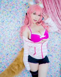  1girl animal_ears brown_eyes clothes cosplay fake_animal_ears fake_tail female_focus highres long_hair looking_at_viewer model open_mouth photo_(medium) pink_hair shibuya_kaho shorts smile solo tail tamamo_no_mae tamamo_no_mae_(cosplay) v wig 