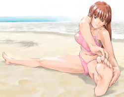 1girl bare_shoulders barefoot beach bikini breasts brown_eyes brown_hair concept_art dead_or_alive dead_or_alive_xtreme feet floral_print kasumi_(doa) large_breasts long_hair navel ocean official_art outdoors pink_bikini soles solo spread_legs stretching swimsuit tankini tecmo toes water rating:Sensitive score:46 user:danbooru
