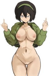  1girl absurdres aged_up avatar_legends breasts cleft_of_venus highres jacket middle_finger nickelodeon nipples open_clothes open_jacket pussy rakeemspoon short_hair solo tagme toph_bei_fong  rating:Explicit score:235 user:ImBored240901