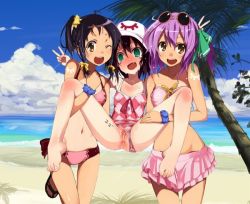  3girls aftersex ahegao ass beach blush clothing_aside cum cum_in_ass cum_in_pussy empty_eyes facial fucked_silly loli multiple_girls one_eye_closed presenting_another pussy spread_legs swimsuit swimsuit_aside tally_marks tears uncensored ushiki_yoshitaka v water wink yumekui_merry 