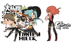  3girls ahoge alternate_hairstyle animal_crossing black_eyes blue_hair blush boots brown_hair character_name chibi commentary_request copyright_name creatures_(company) detached_sleeves domino_mask fingerless_gloves game_freak gloves hair_bun hairband hat hiei_(kancolle) high_heels hinanawi_tenshi hms_orion_(siirakannu) kantai_collection long_hair looking_at_viewer mask multiple_girls nintendo one_eye_closed parody poke_ball pokemon red_eyes red_hair short_hair siirakannu single_hair_bun skirt smile splatoon_(series) splatoon_1 style_parody super_smash_bros. sword tentacle_hair thigh_boots thighhighs touhou translation_request uniform villager_(animal_crossing) weapon 
