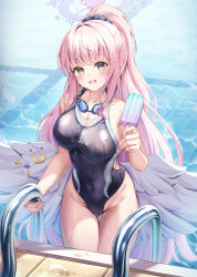  1girl absurdres angel_wings bare_arms bare_legs bare_shoulders black_one-piece_swimsuit blue_archive blush bnari commentary_request cowboy_shot crescent crescent_pin feathered_wings fingernails food halo highres holding holding_food long_hair mika_(blue_archive) one-piece_swimsuit open_mouth pink_hair pink_halo pool popsicle smile solo swimsuit wet wet_clothes wet_swimsuit white_wings wings yellow_eyes 