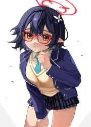1girl ayane_(blue_archive) blue_archive blue_hair glasses halo pawsup pointy_ears school_uniform yellow_eyes