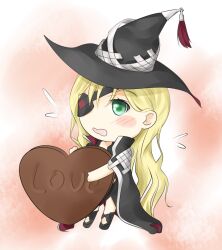  1girl black_cape black_footwear black_hat blonde_hair blush candy cape chibi chocolate chocolate_heart commentary_request eyepatch fairy food full_body green_eyes hair_between_eyes hat heart holding holding_candy holding_chocolate holding_food long_hair medium_bangs mini_person minigirl open_mouth othinus pink_background shin_(highest1192) solo standing toaru_majutsu_no_index toaru_majutsu_no_index:_new_testament very_long_hair wavy_hair wavy_mouth witch_hat 