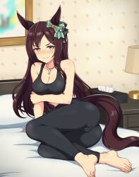  1girl absurdres animal_ears bed black_hair blush bra breasts casual cleavage closed_mouth clothing_cutout collarbone commentary_request commission groin hair_between_eyes hair_ornament highres horse_ears horse_girl horse_tail jewelry looking_at_viewer lying medium_breasts mejiro_dober_(umamusume) necklace purple_eyes shiodanx shoulder_cutout skeb_commission smile sweat tail tissue umamusume underwear 