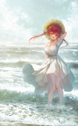 1girl :d absurdres arm_behind_head arm_up blush breasts brown_hat bubble cleavage day dress hair_between_eyes hair_ribbon hat highres hololive houshou_marine ijac_ray large_breasts long_hair ocean off_shoulder open_mouth outdoors red_eyes red_hair ribbon short_sleeves smile solo standing straw_hat thighs twintails virtual_youtuber white_dress white_ribbon yellow_eyes rating:Sensitive score:7 user:danbooru