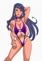  1girl areola_slip artist_request blue_hair breasts brown_eyes cameltoe covered_erect_nipples earrings gigantic_breasts jewelry large_areolae lips makeup navel slingshot_swimsuit solo swimsuit tan tanline  rating:Questionable score:40 user:1micio1