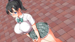  1girl aomizuan black_hair blue_eyes blush bow bowtie breasts collared_shirt dutch_angle highres huge_breasts impossible_clothes legs long_hair looking_away lucky_dosukebe!_zenpen marron_marron original outdoors ponytail school_uniform shiny_skin shirt skirt smile solo standing thighs  rating:Sensitive score:205 user:Ynyswydryn